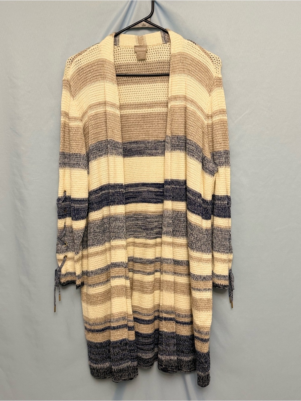 Chico’s Size M Striped Open Knit Long Cardigan Cream Blue Beige Boho Coastal